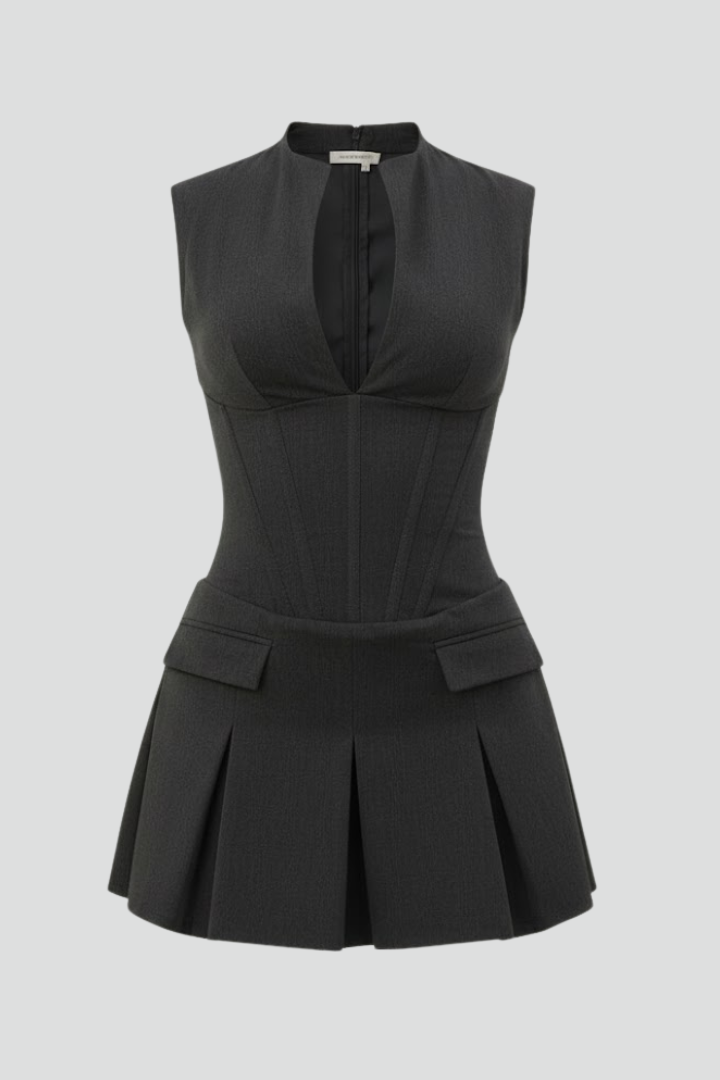 Women's Pleated Mini Dress with Plunge Neckline | Autumn