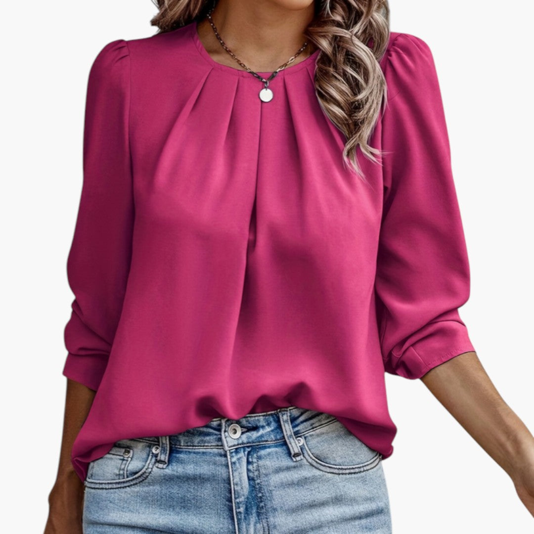 Women's Pleated Round-Neck Blouse | Puffed Sleeves | Spring - Dusty Rose