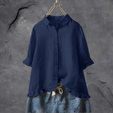 Women's Plus Size Button Front Blouse with Ruffle Hem | Spring - Dark Blue
