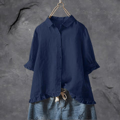 Women's Plus Size Button Front Blouse with Ruffle Hem | Spring - Dark Blue