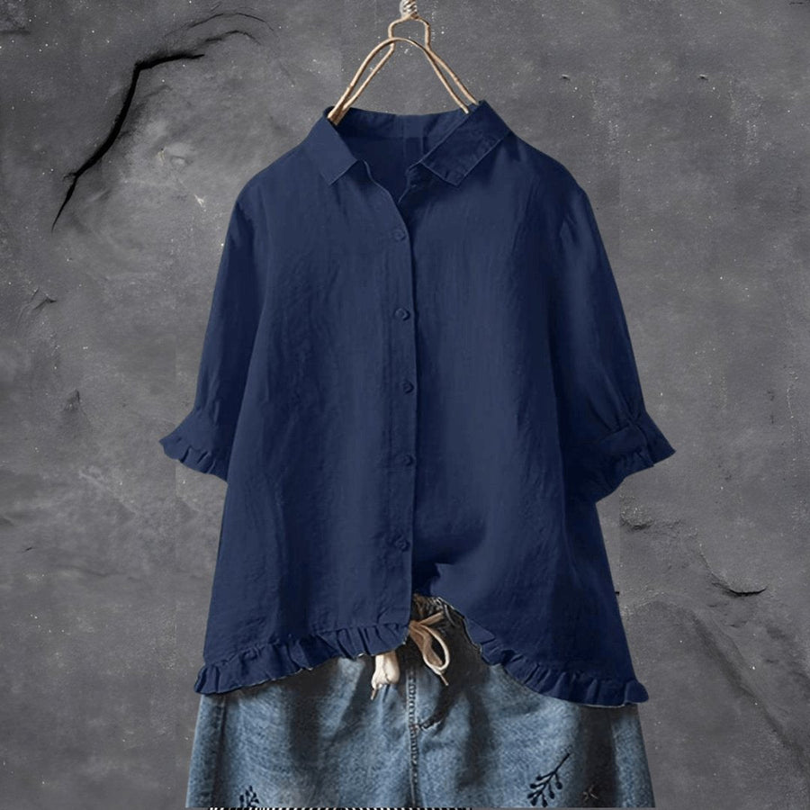 Women's Plus Size Button Front Blouse with Ruffle Hem | Spring - Dark Blue