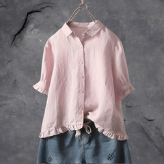 Women's Plus Size Button Front Blouse with Ruffle Hem | Spring - Pink