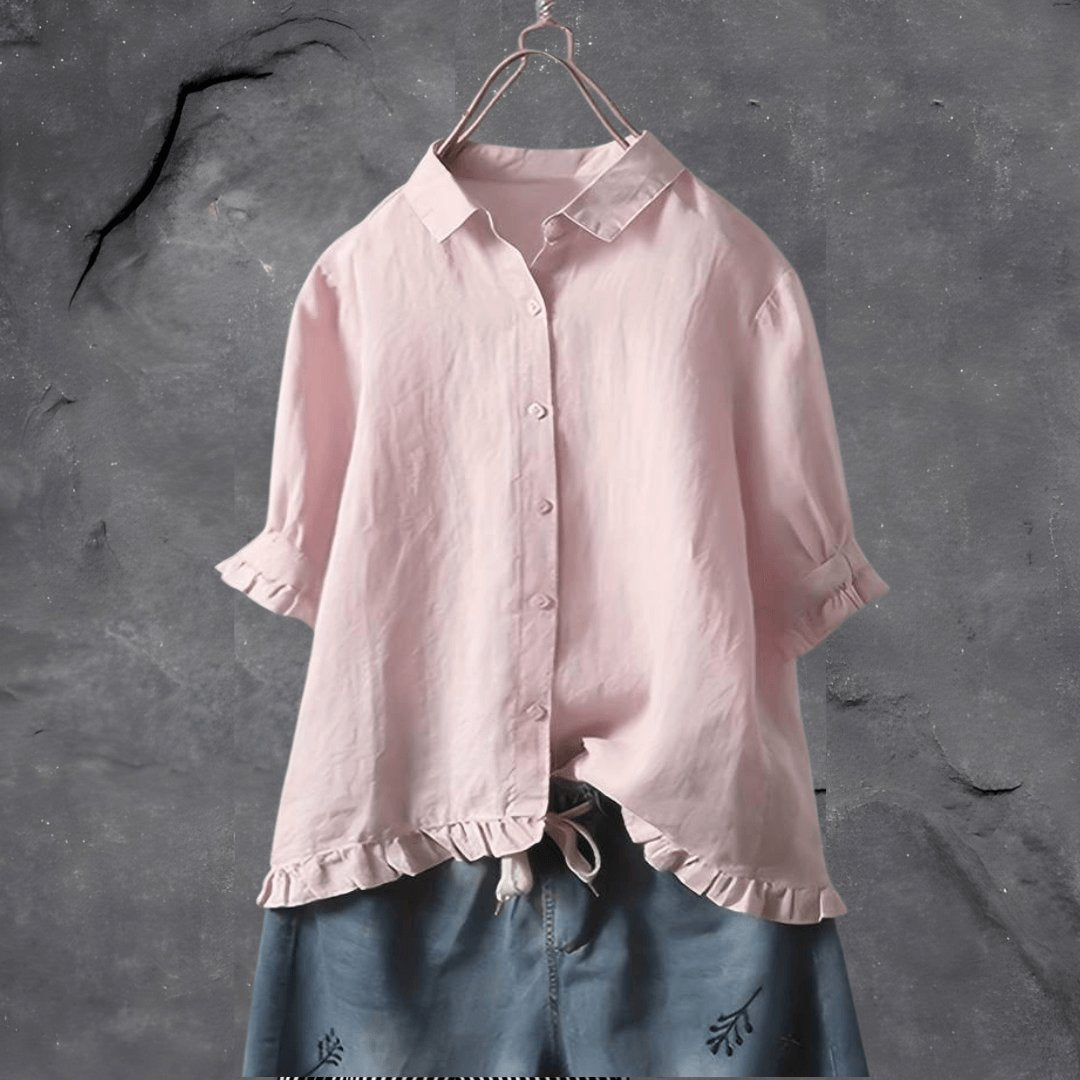 Women's Plus Size Button Front Blouse with Ruffle Hem | Spring - Pink