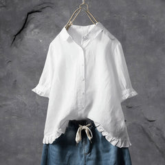Women's Plus Size Button Front Blouse with Ruffle Hem | Spring - White