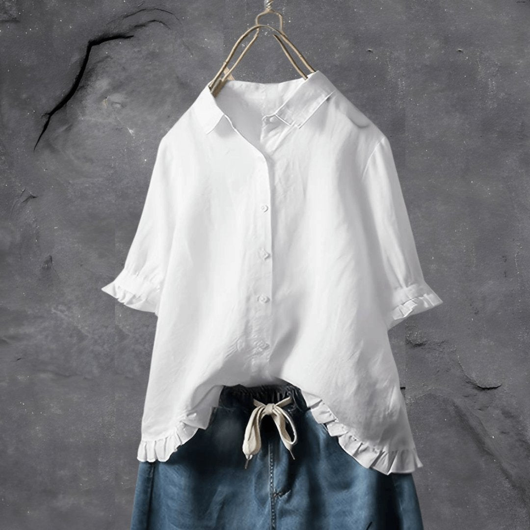 Women's Plus Size Button Front Blouse with Ruffle Hem | Spring - White
