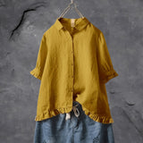 Women's Plus Size Button Front Blouse with Ruffle Hem | Spring - Yellow