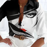 Women's Plus Size Button-Up Shirt Geometric Print Casual | Spring - Black & White