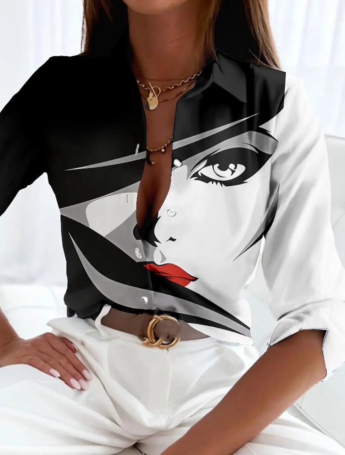 Women's Plus Size Button-Up Shirt Geometric Print Casual | Spring - Black & White