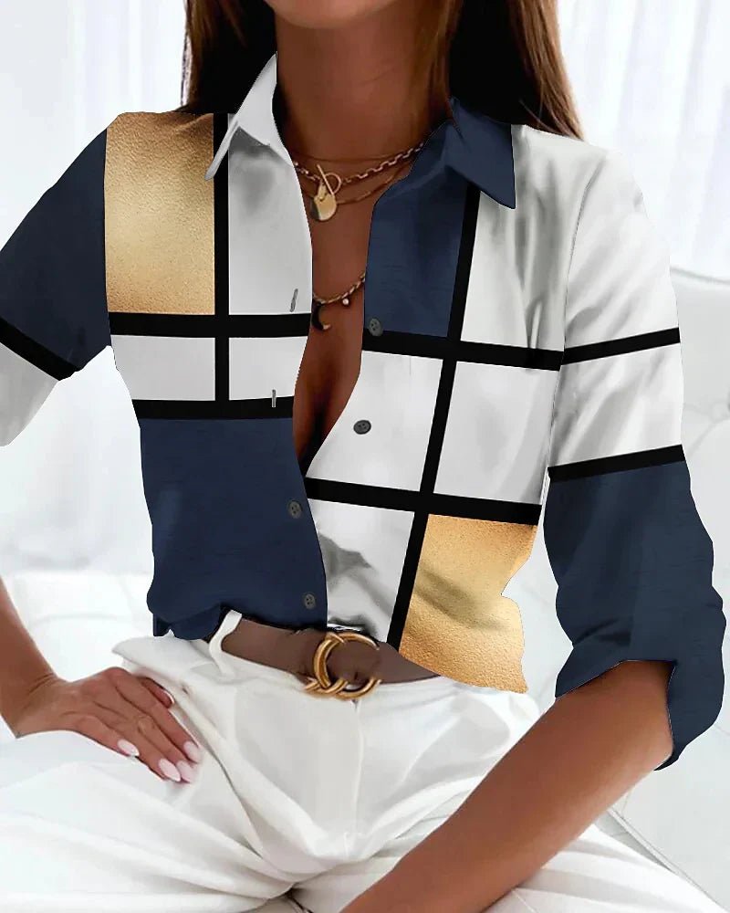 Women's Plus Size Button-Up Shirt Geometric Print Casual | Spring - Gold