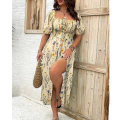Women's Plus Size Puff Sleeve Maxi Dress - Elegant Flowing | Summer - Apricot