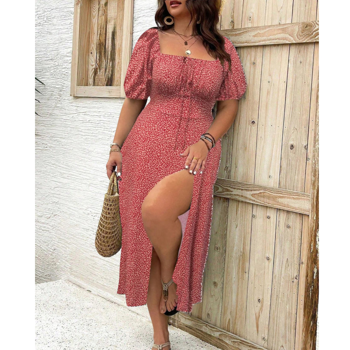Women's Plus Size Puff Sleeve Maxi Dress - Elegant Flowing | Summer - Red