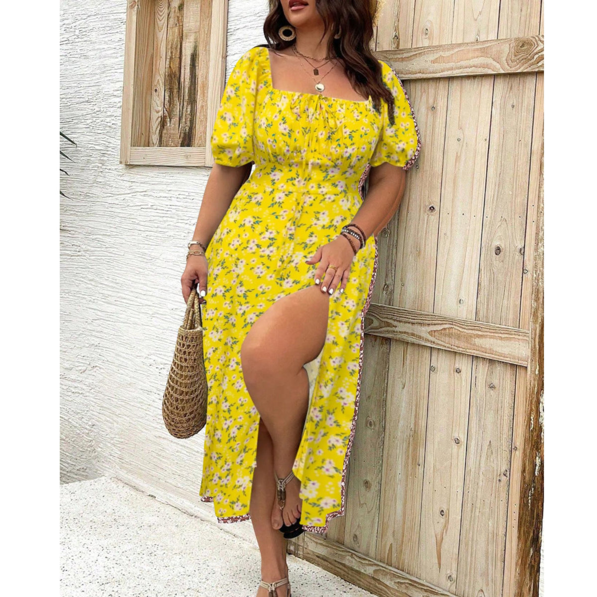 Women's Plus Size Puff Sleeve Maxi Dress - Elegant Flowing | Summer - Yellow