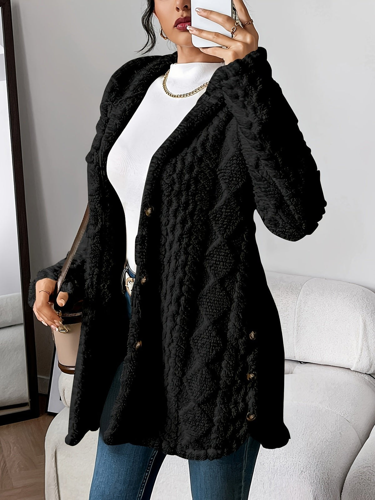 Women's Plush Hooded Button-Front Cardigan - Cozy Fleece | Autumn - Black