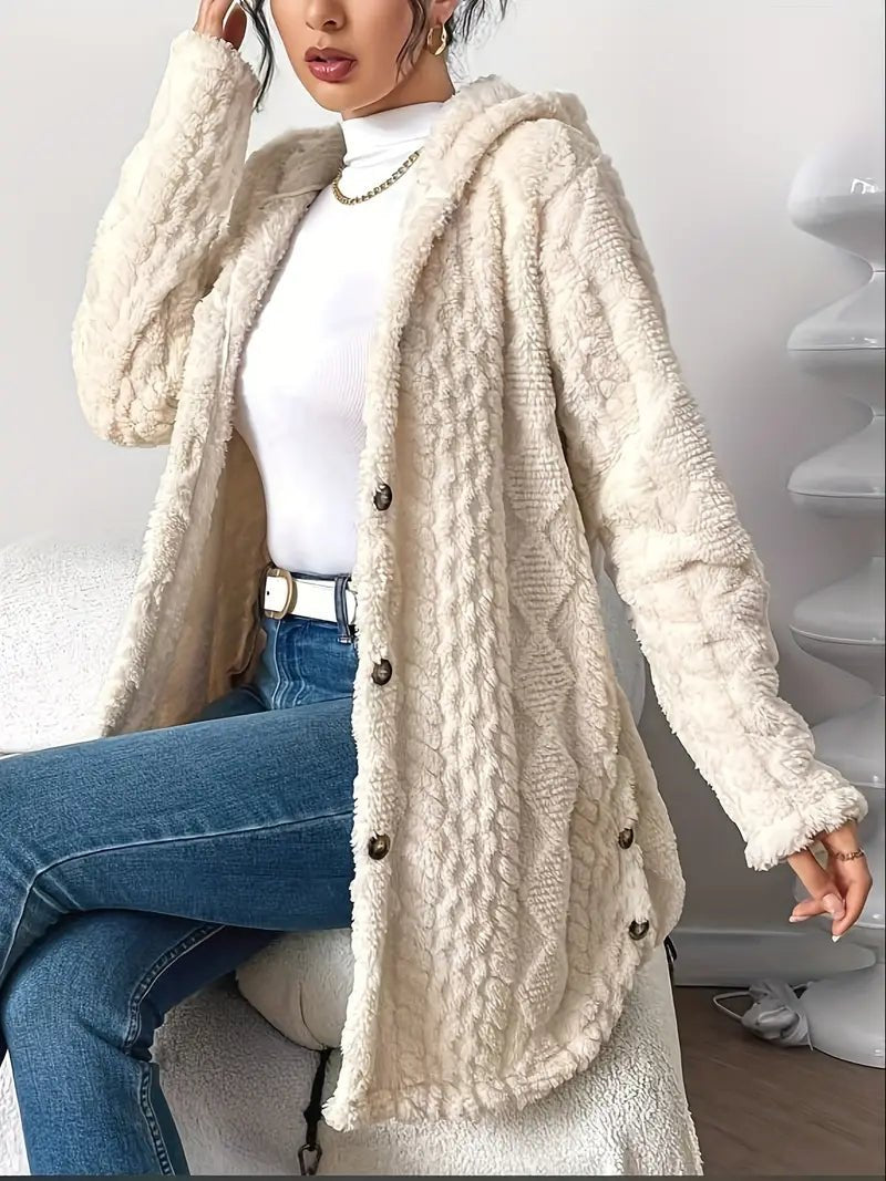 Women's Plush Hooded Button-Front Cardigan - Cozy Fleece | Autumn
