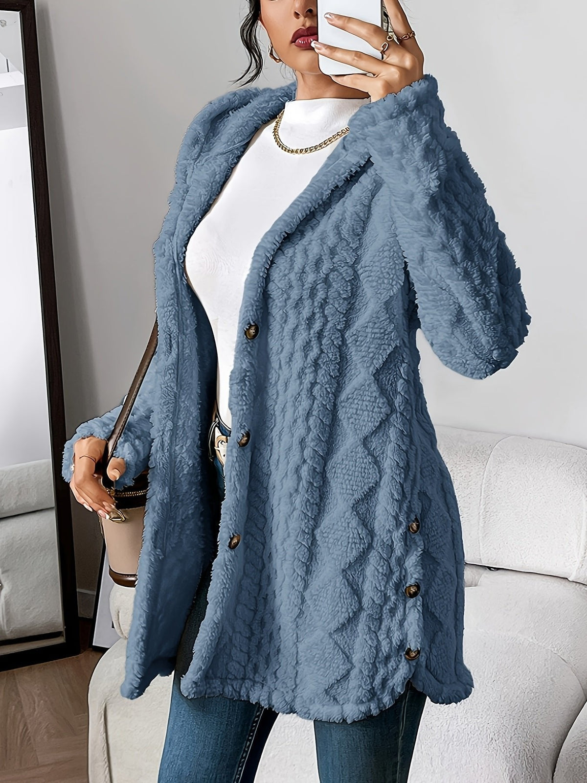 Women's Plush Hooded Button-Front Cardigan - Cozy Fleece | Autumn - Denim