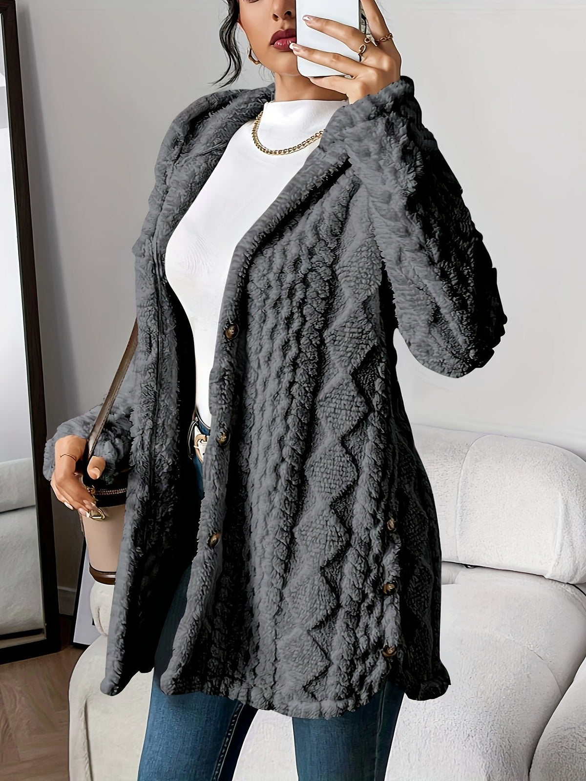 Women's Plush Hooded Button-Front Cardigan - Cozy Fleece | Autumn - Grey