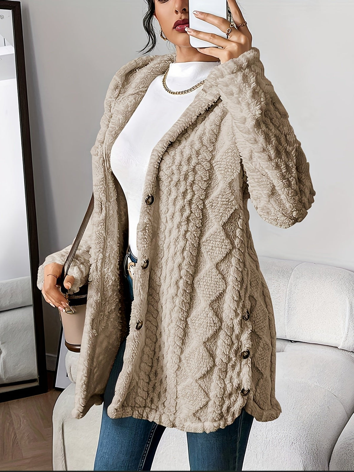 Women's Plush Hooded Button-Front Cardigan - Cozy Fleece | Autumn - Khaki