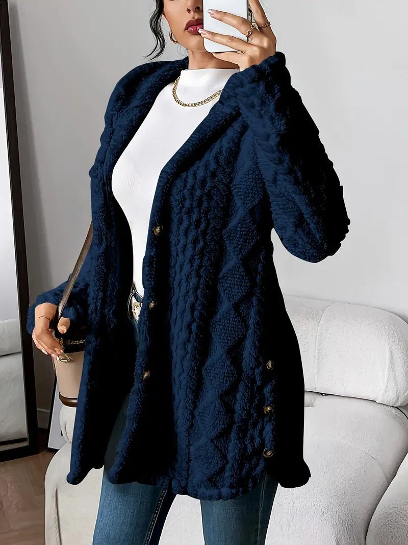 Women's Plush Hooded Button-Front Cardigan - Cozy Fleece | Autumn - Navy