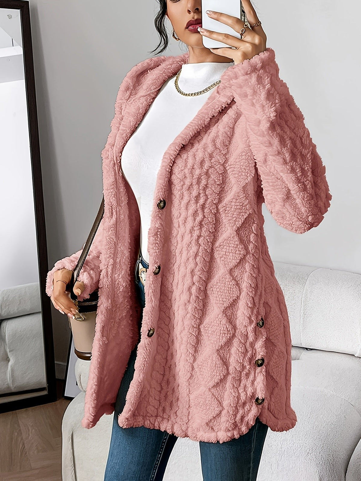 Women's Plush Hooded Button-Front Cardigan - Cozy Fleece | Autumn - Pink