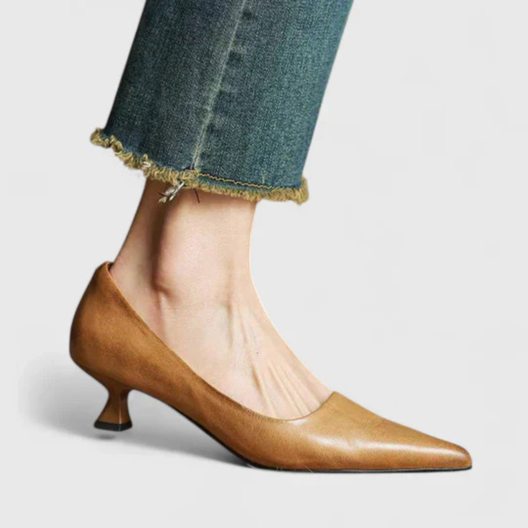 Women's Pointed Toe Low Heel Pumps - Classic Tapered Silhouette - Beige