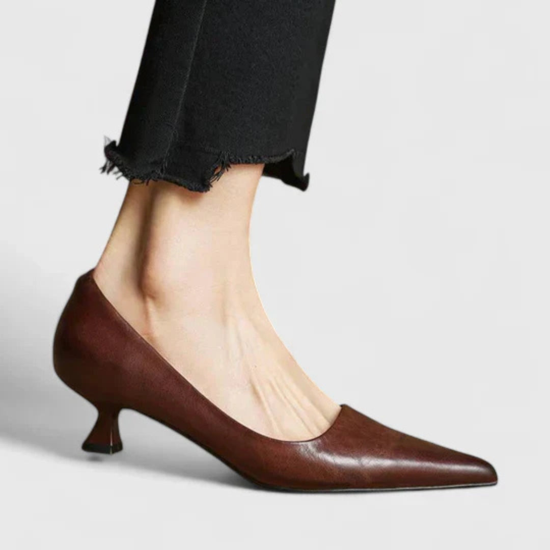 Women's Pointed Toe Low Heel Pumps - Classic Tapered Silhouette - Brown