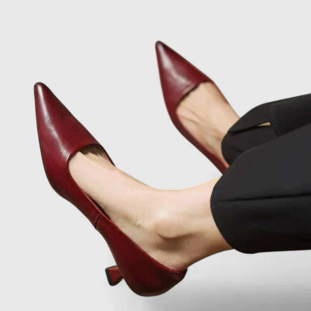 Women's Pointed Toe Low Heel Pumps - Classic Tapered Silhouette - Reddish Brown