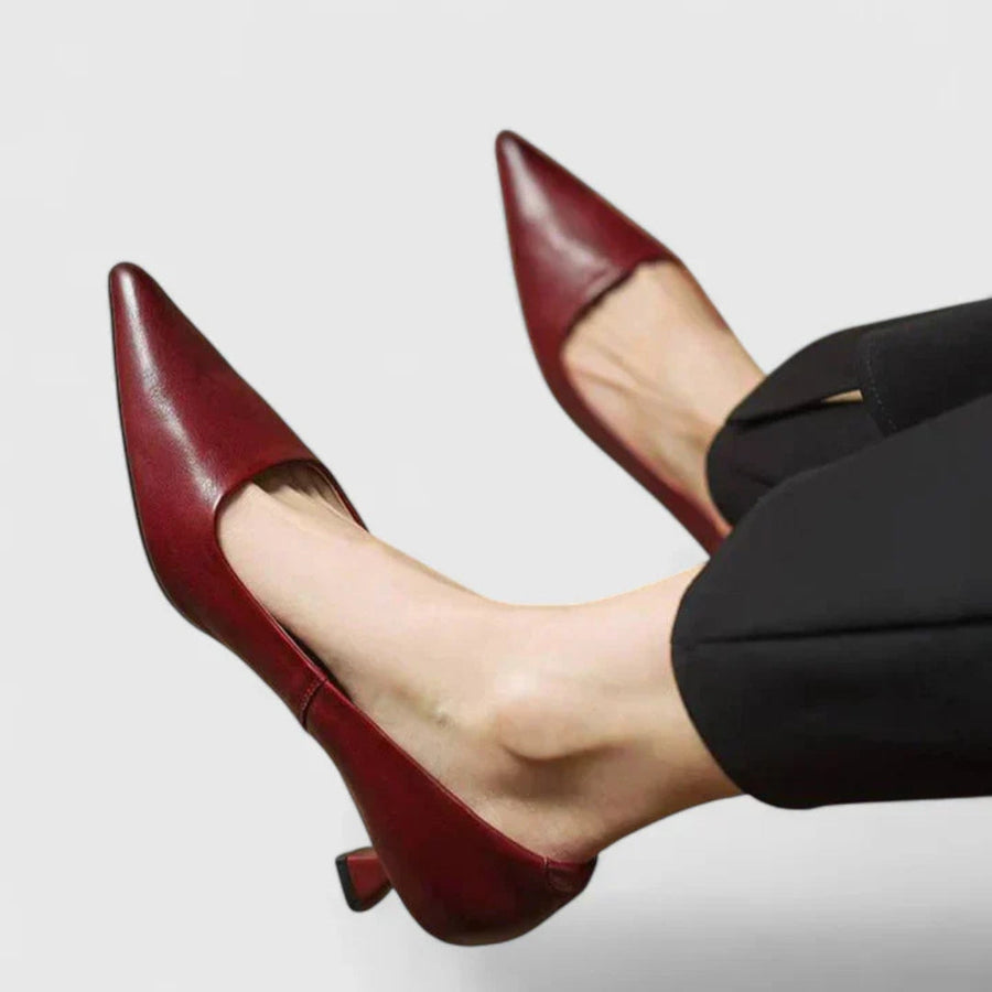Women's Pointed Toe Low Heel Pumps - Classic Tapered Silhouette - Reddish Brown