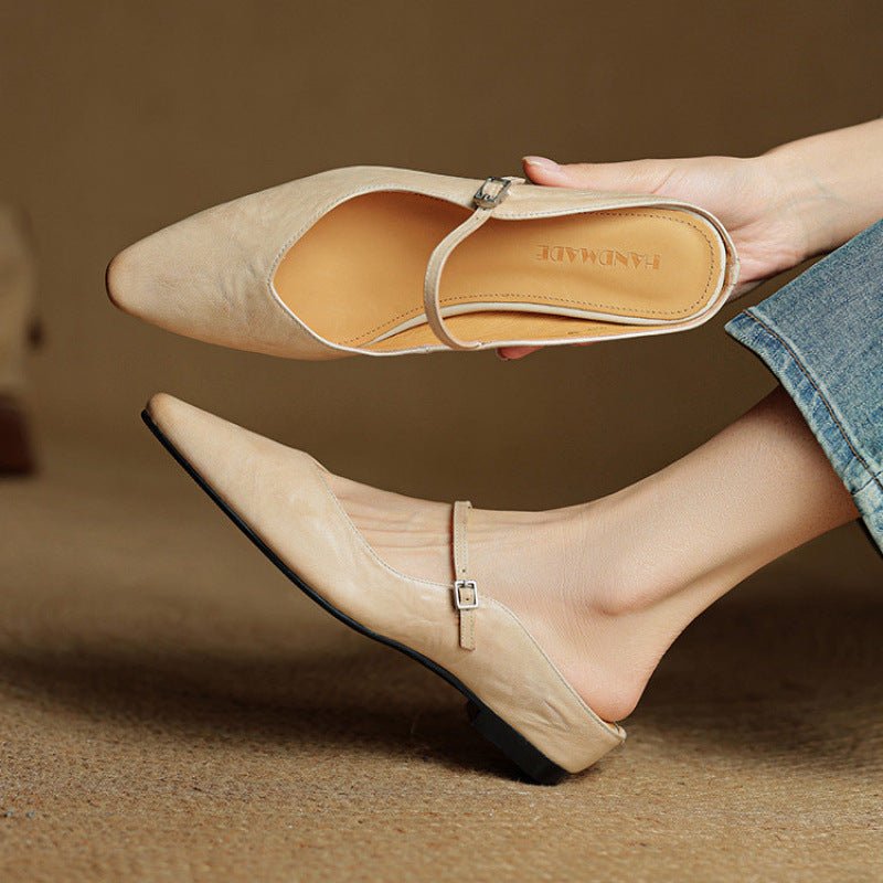 Women's Pointed Toe Mules Mary Jane Strap - Genuine Leather | Spring - Beige
