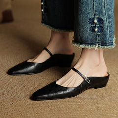 Women's Pointed Toe Mules Mary Jane Strap - Genuine Leather | Spring - Black