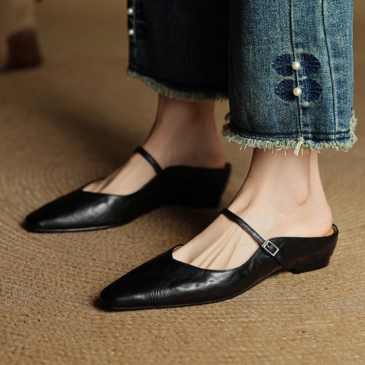 Women's Pointed Toe Mules Mary Jane Strap - Genuine Leather | Spring - Black