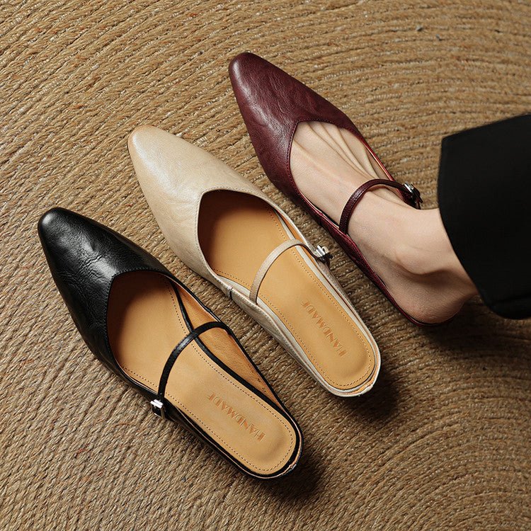 Women's Pointed Toe Mules Mary Jane Strap - Genuine Leather | Spring