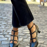 Women's Pointed Toe Pumps Strappy Low Block Heel - Black | Autumn - Black