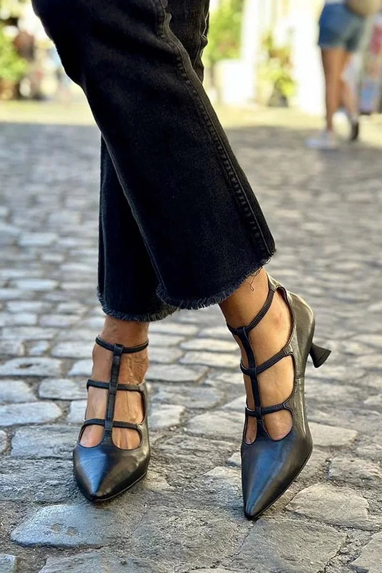 Women's Pointed Toe Pumps Strappy Low Block Heel - Black | Autumn - Black