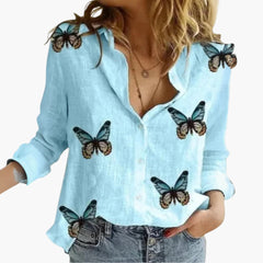 Women's Polka Dot Blouse | Button-Up | Print | Summer - Light Blue Black Dots Butterflies