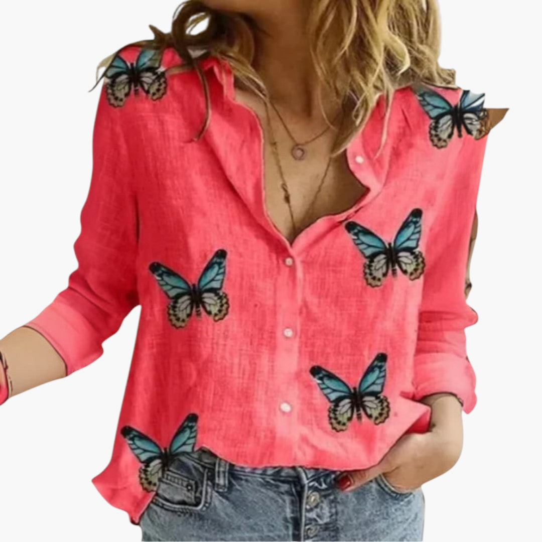 Women's Polka Dot Blouse | Button-Up | Print | Summer - Red Black Dots Butterflies