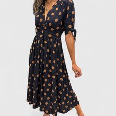 Women's Polka Dot Midi Dress with V-Neckline - Black | Spring - Black