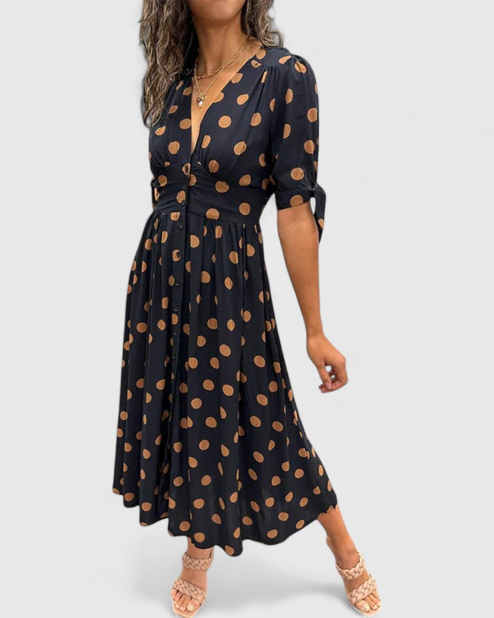 Women's Polka Dot Midi Dress with V-Neckline - Black | Spring - Black