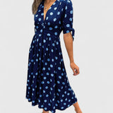 Women's Polka Dot Midi Dress with V-Neckline - Black | Spring - Blue