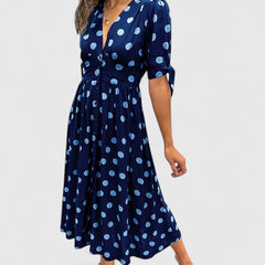 Women's Polka Dot Midi Dress with V-Neckline - Black | Spring - Blue