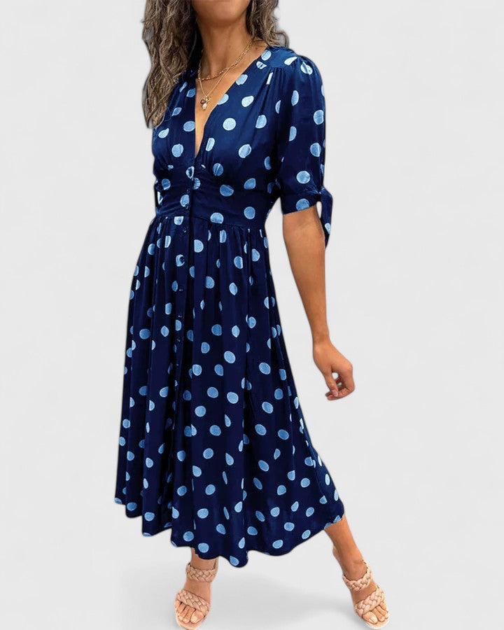 Women's Polka Dot Midi Dress with V-Neckline - Black | Spring - Blue