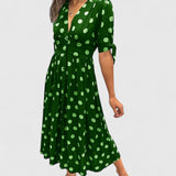 Women's Polka Dot Midi Dress with V-Neckline - Black | Spring - Green