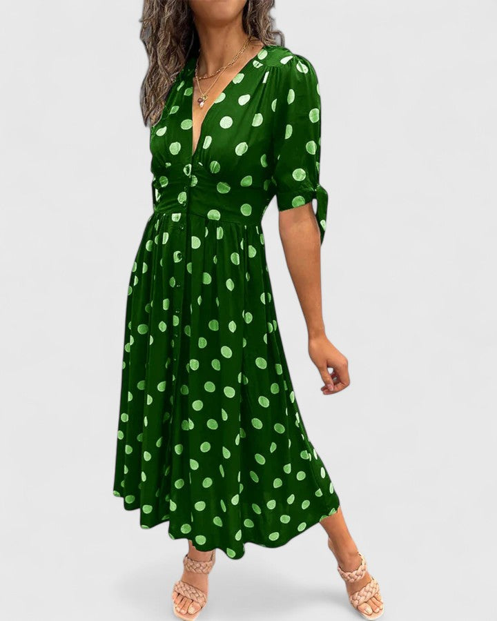 Women's Polka Dot Midi Dress with V-Neckline - Black | Spring - Green