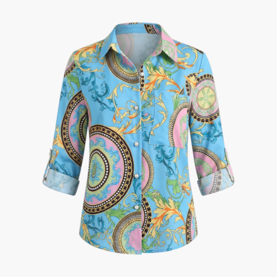 Women's Printed Blouse | Rabatted Collar | Casual | Winter - Blue Print