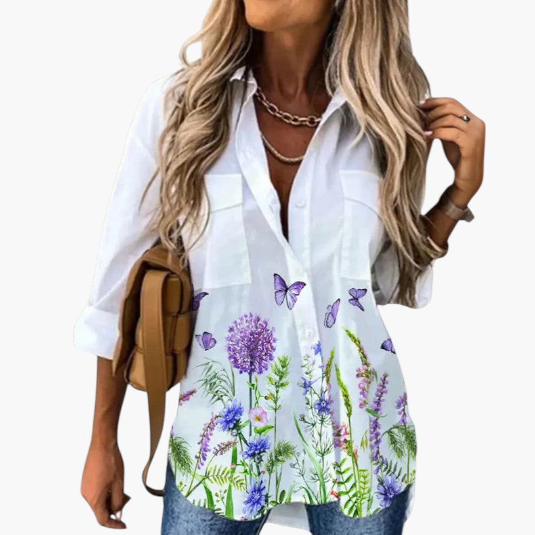 Women's Printed Blouse | Three-Quarter Sleeves | Summer - White