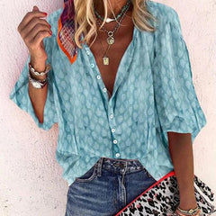 Women's Printed Button-Down Blouse - Casual Summer Shirt - Blue