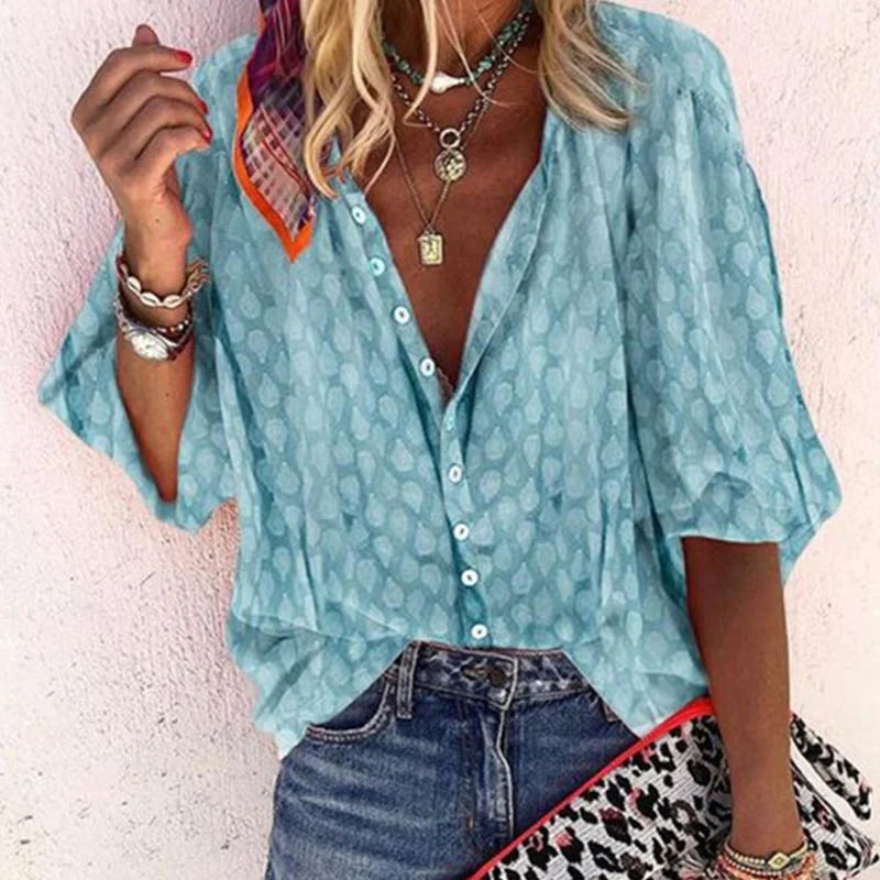 Women's Printed Button-Down Blouse - Casual Summer Shirt - Blue