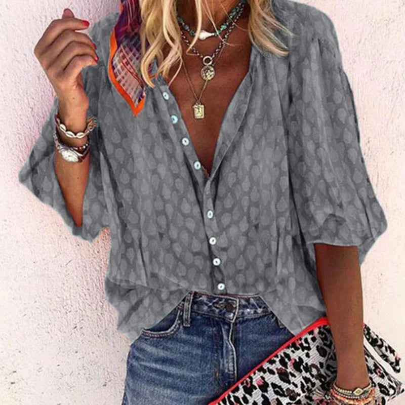 Women's Printed Button-Down Blouse - Casual Summer Shirt - Grey