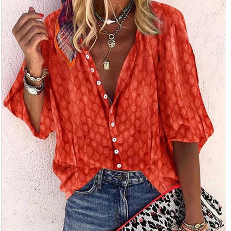 Women's Printed Button-Down Blouse - Casual Summer Shirt - Orange