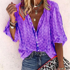 Women's Printed Button-Down Blouse - Casual Summer Shirt - Purple