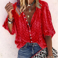 Women's Printed Button-Down Blouse - Casual Summer Shirt - Red
